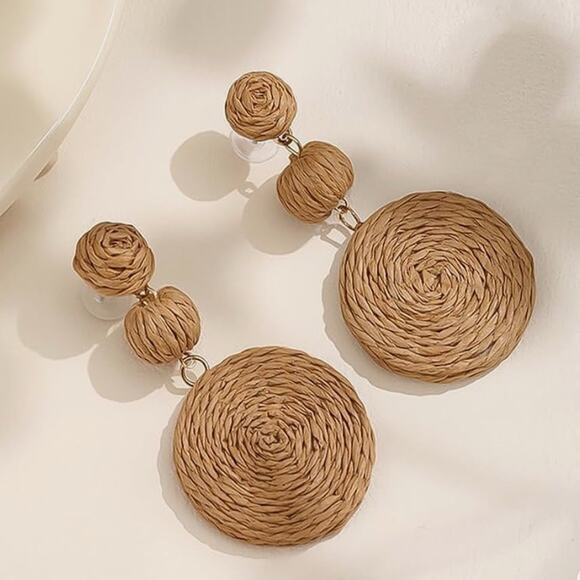 Natural Raffia Circle Drop Earrings - Picture 1 of 3